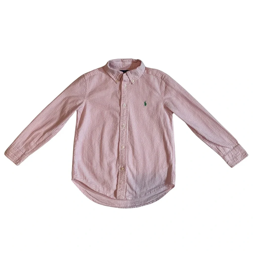 Ralph Lauren Boys Pink White Seersucker Striped Button Down Shirt Size 6 Preppy
